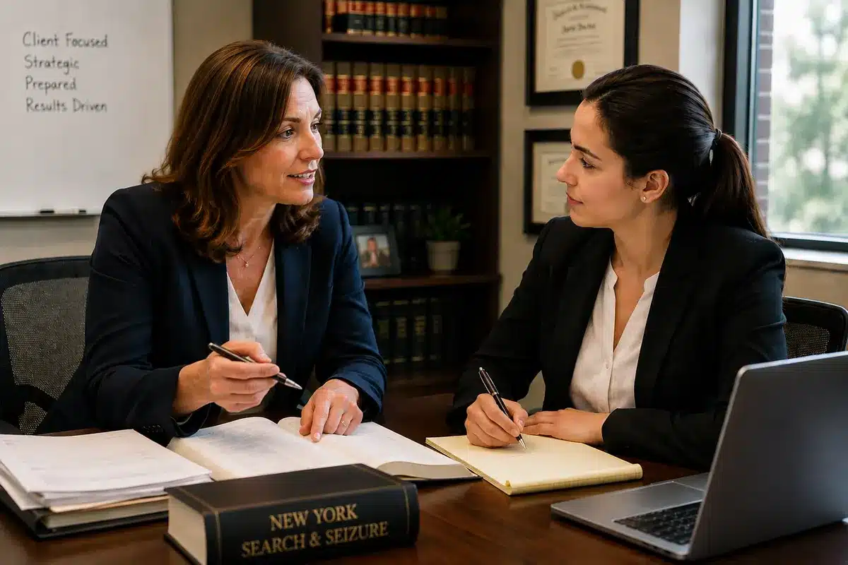 Two attorneys discussing a case at a desk